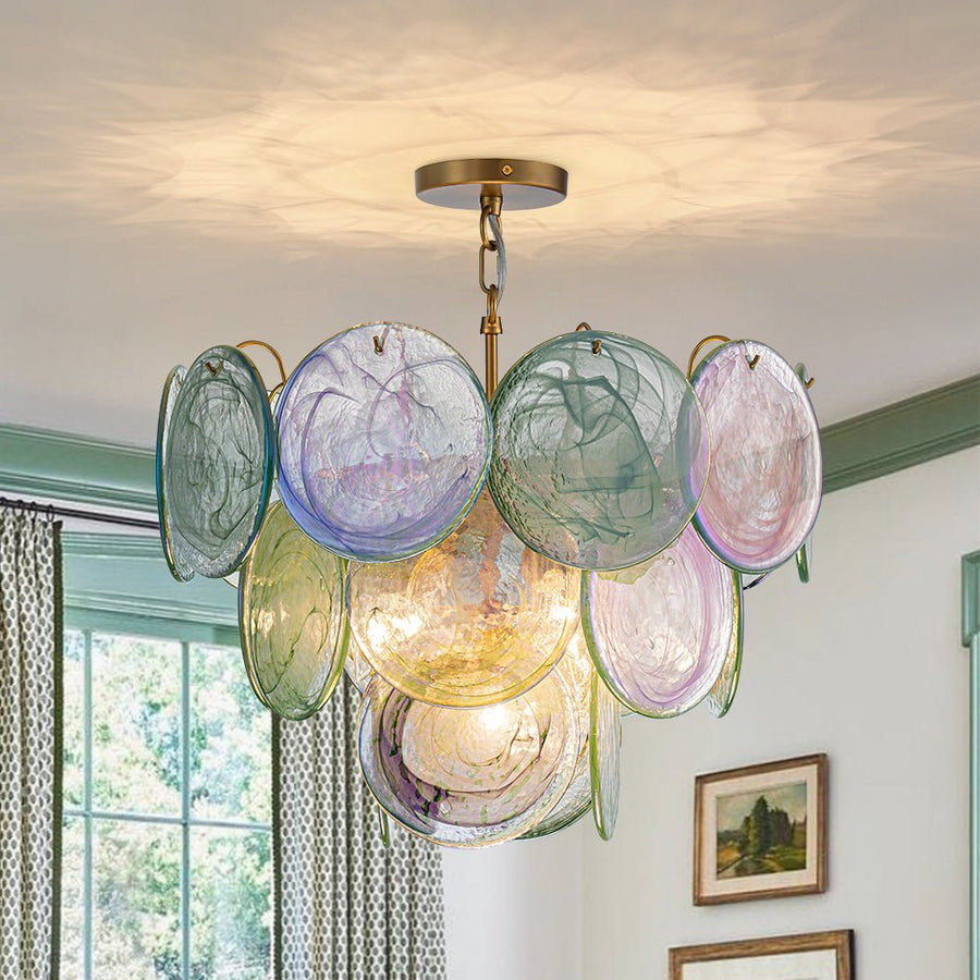 LightFixturesUSA - Art Deco Green Iridescent Swirl Glass Tiered Chandelier - Chandelier - Small - 
