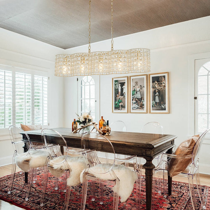 LightFixturesUSA - Art Deco Luxury Brass Crystal Linear Cage Island Chandelier - Chandelier - Brass - 