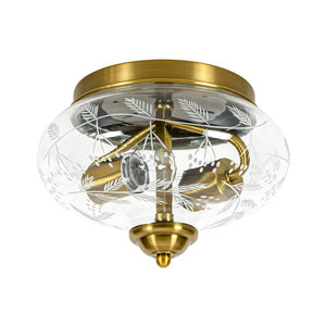 LightFixturesUSA - Art Deco Mistletoe Pattern Etched Glass Round Flush Mount Light - Ceiling Light - Brass - 