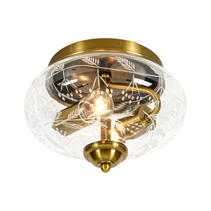 LightFixturesUSA - Art Deco Mistletoe Pattern Etched Glass Round Flush Mount Light - Ceiling Light - Brass - 