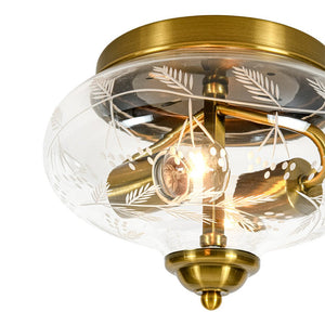 LightFixturesUSA - Art Deco Mistletoe Pattern Etched Glass Round Flush Mount Light - Ceiling Light - Brass - 