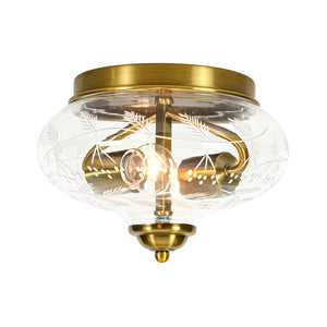 LightFixturesUSA - Art Deco Mistletoe Pattern Etched Glass Round Flush Mount Light - Ceiling Light - Brass - 