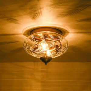 LightFixturesUSA - Art Deco Mistletoe Pattern Etched Glass Round Flush Mount Light - Ceiling Light - Brass - 