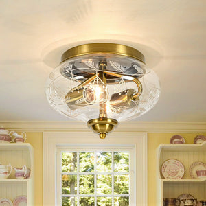 LightFixturesUSA - Art Deco Mistletoe Pattern Etched Glass Round Flush Mount Light - Ceiling Light - Brass - 