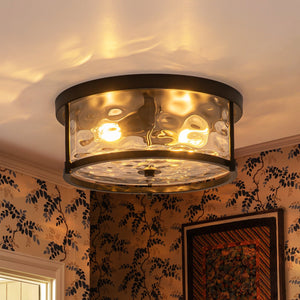 LightFixturesUSA-Black 2-Light Vintage Water Glass Drum Semi Flush Mount-Ceiling Light-13 in-