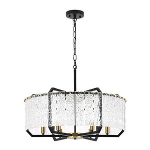LightFixturesUSA - Black Brass 6 - Light Rippled Glass Drum Cage Chandelier - Chandelier - 25 in - 