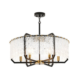 LightFixturesUSA - Black Brass 6 - Light Rippled Glass Drum Cage Chandelier - Chandelier - 25 in - 