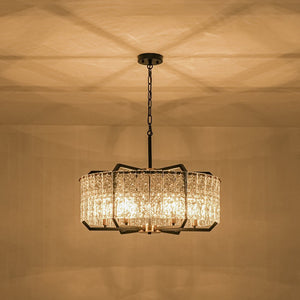 LightFixturesUSA - Black Brass 6 - Light Rippled Glass Drum Cage Chandelier - Chandelier - 25 in - 