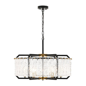 LightFixturesUSA - Black Brass 6 - Light Rippled Glass Drum Cage Chandelier - Chandelier - 25 in - 