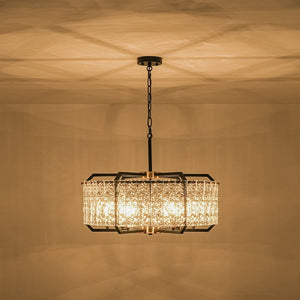 LightFixturesUSA - Black Brass 6 - Light Rippled Glass Drum Cage Chandelier - Chandelier - 25 in - 