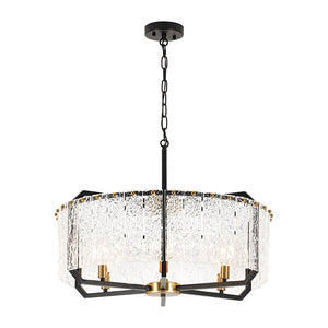 LightFixturesUSA - Black Brass 6 - Light Rippled Glass Drum Cage Chandelier - Chandelier - 25 in - 