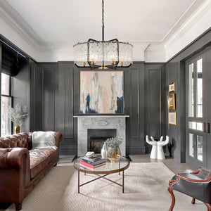 LightFixturesUSA - Black Brass 6 - Light Rippled Glass Drum Cage Chandelier - Chandelier - 25 in - 