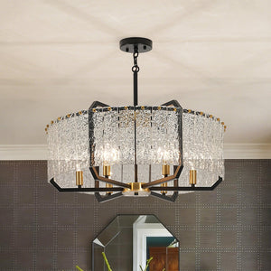 LightFixturesUSA - Black Brass 6 - Light Rippled Glass Drum Cage Chandelier - Chandelier - 25 in - 
