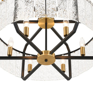 LightFixturesUSA - Black Brass 6 - Light Rippled Glass Drum Cage Chandelier - Chandelier - 25 in - 