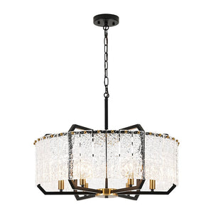 LightFixturesUSA - Black Brass 6 - Light Rippled Glass Drum Cage Chandelier - Chandelier - 25 in - 