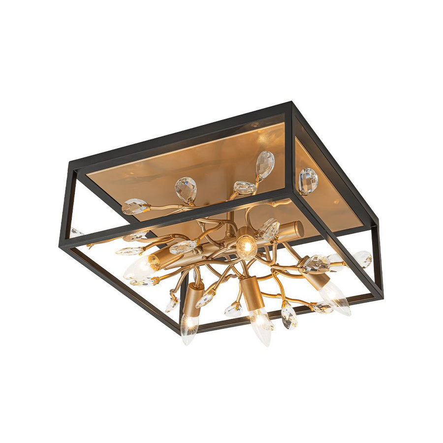 LightFixturesUSA - Black Brass Crystal Branch Square Lantern Flush Mount Light - Ceiling Light - 15.7 in - 