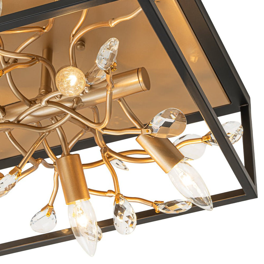 LightFixturesUSA - Black Brass Crystal Branch Square Lantern Flush Mount Light - Ceiling Light - 15.7 in - 