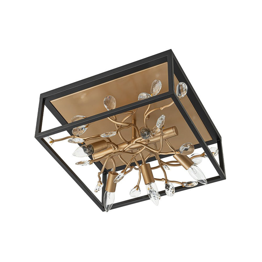 LightFixturesUSA - Black Brass Crystal Branch Square Lantern Flush Mount Light - Ceiling Light - 15.7 in - 