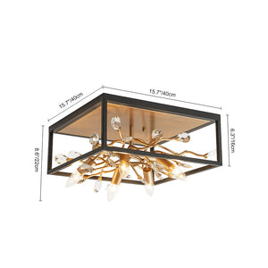 LightFixturesUSA - Black Brass Crystal Branch Square Lantern Flush Mount Light - Ceiling Light - 15.7 in - 