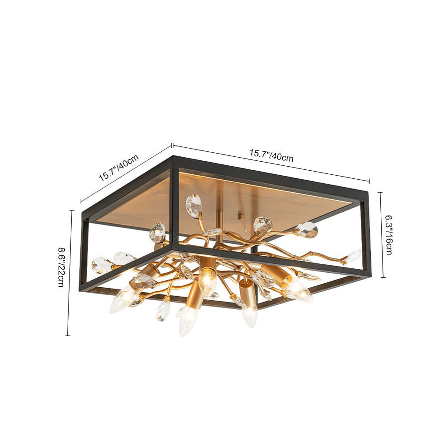 LightFixturesUSA - Black Brass Crystal Branch Square Lantern Flush Mount Light - Ceiling Light - 15.7 in - 