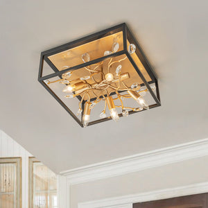 LightFixturesUSA - Black Brass Crystal Branch Square Lantern Flush Mount Light - Ceiling Light - 15.7 in - 