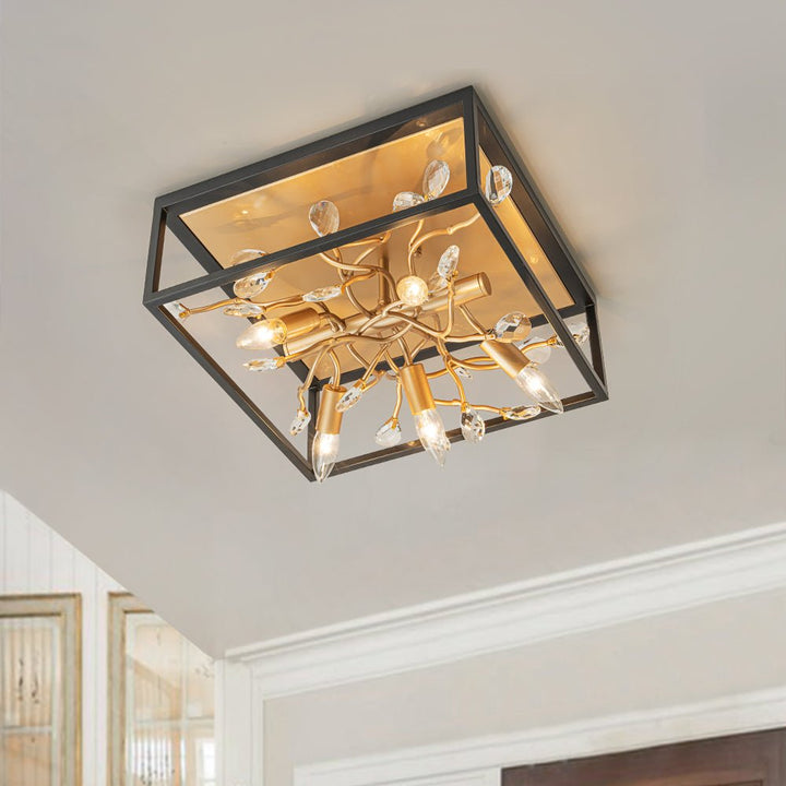LightFixturesUSA - Black Brass Crystal Branch Square Lantern Flush Mount Light - Ceiling Light - 15.7 in - 