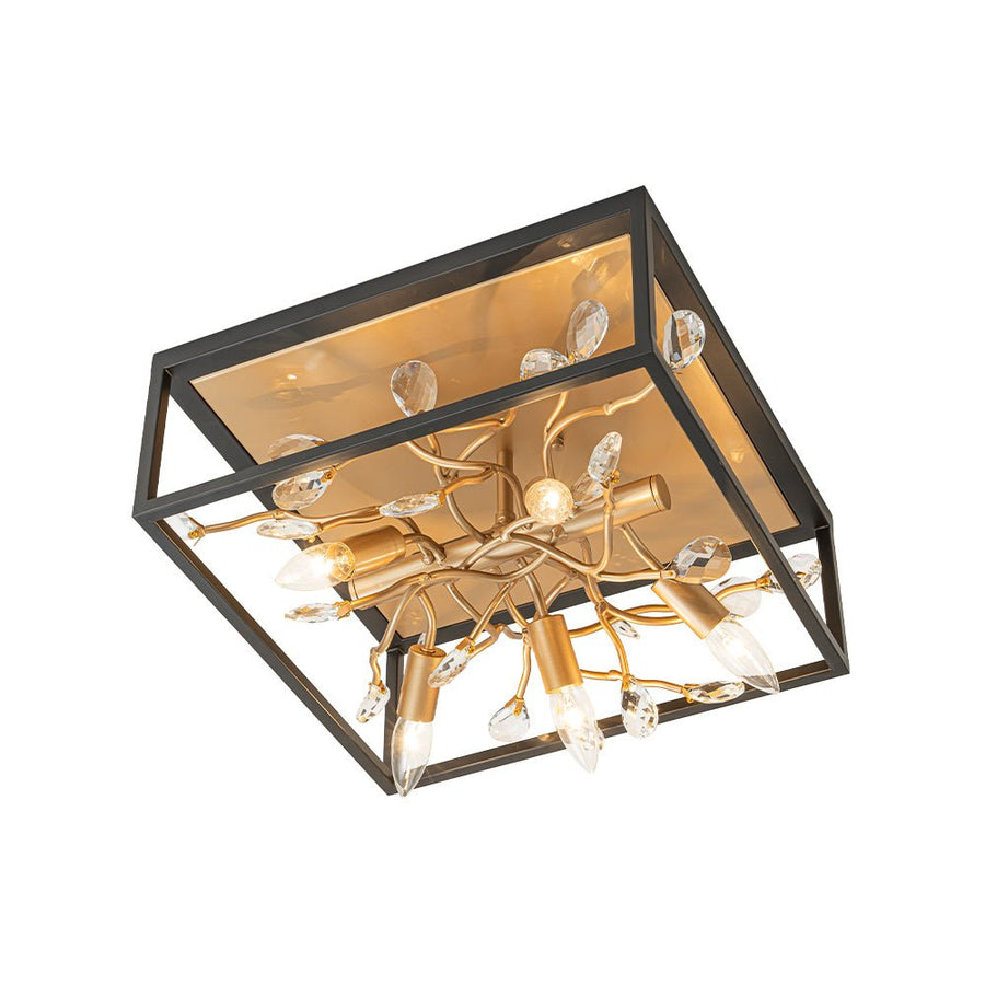 LightFixturesUSA - Black Brass Crystal Branch Square Lantern Flush Mount Light - Ceiling Light - 15.7 in - 