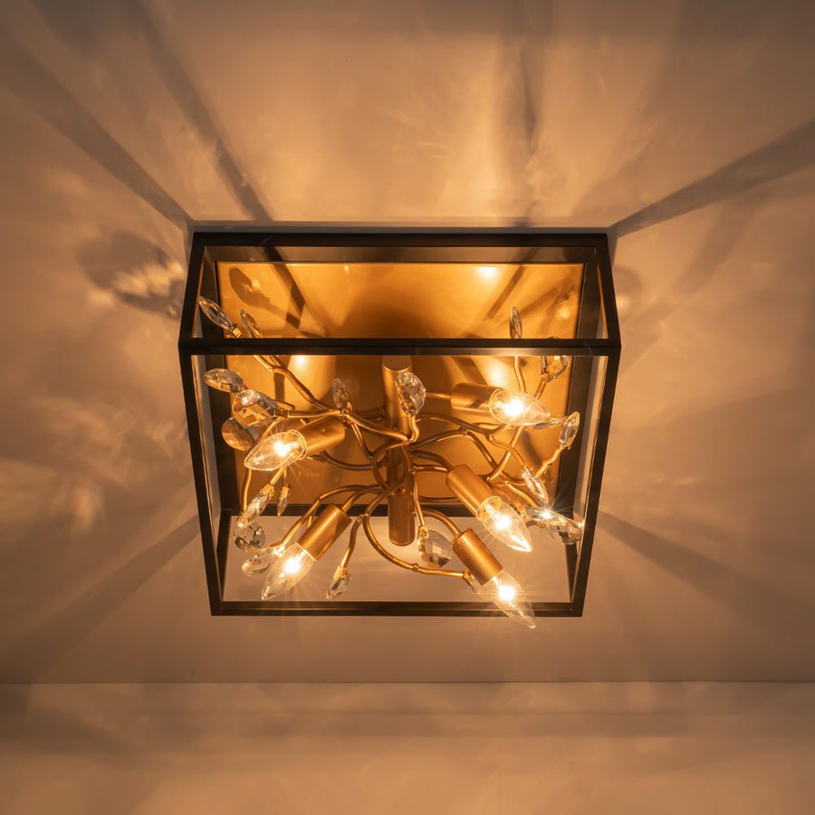LightFixturesUSA - Black Brass Crystal Branch Square Lantern Flush Mount Light - Ceiling Light - 15.7 in - 