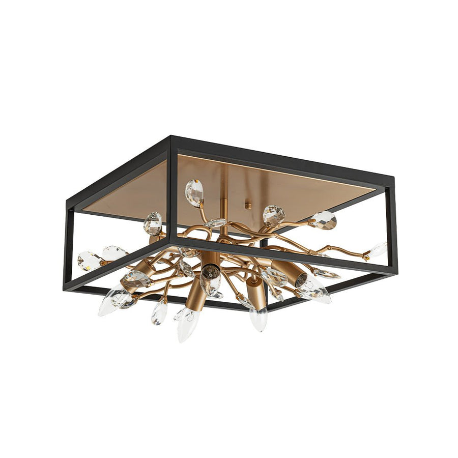 LightFixturesUSA - Black Brass Crystal Branch Square Lantern Flush Mount Light - Ceiling Light - 15.7 in - 