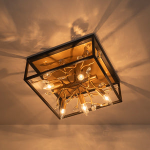 LightFixturesUSA - Black Brass Crystal Branch Square Lantern Flush Mount Light - Ceiling Light - 15.7 in - 