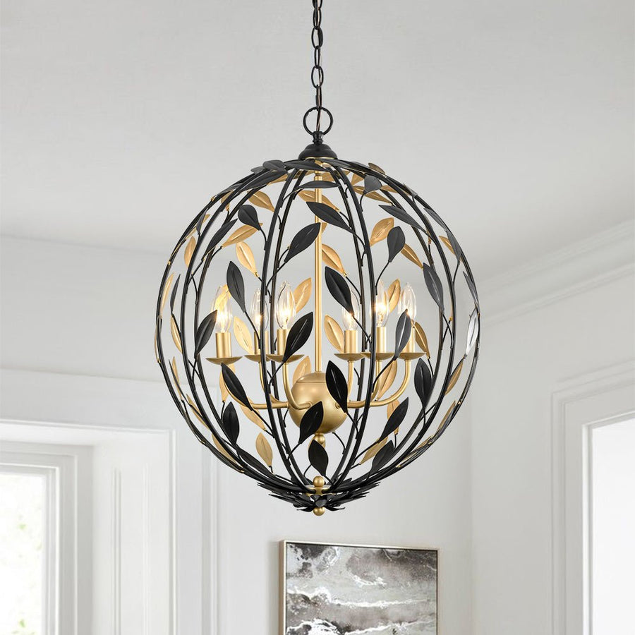 LightFixturesUSA - Black Gold Candle Style Leaf Vine Iron Orb Chandelier - Chandelier - 6 - Lt - 