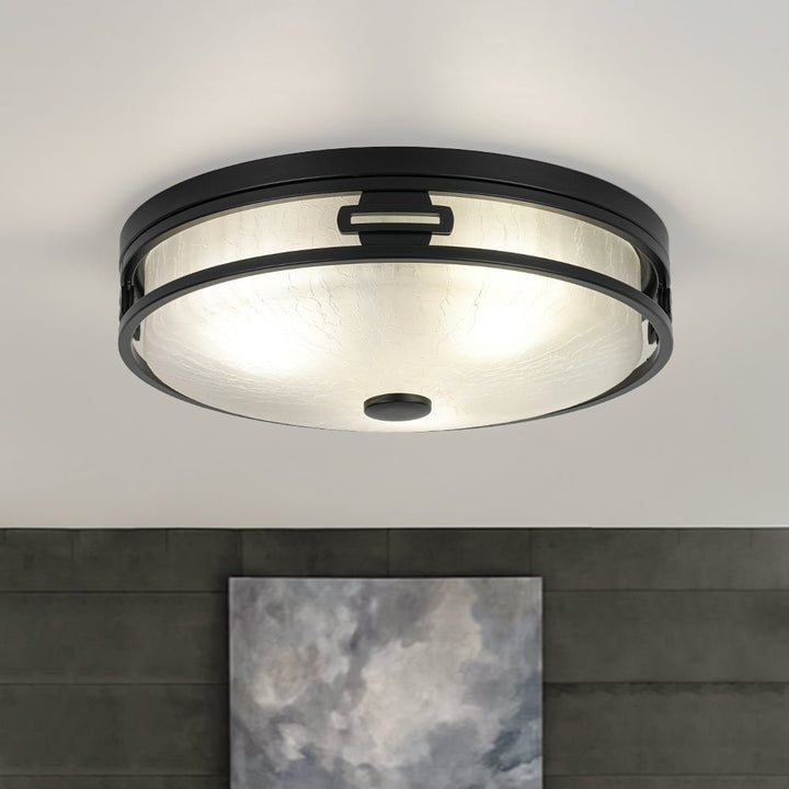 LightFixturesUSA - Black Round Frosted Crackled Glass Flush Mount Light - Ceiling Light - 11.8 in - 