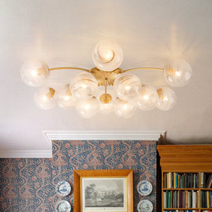 LightFixturesUSA-Bloom 12-Light Opal Swirl Glass Bubble Semi Flush Chandelier-Chandelier-Brass-