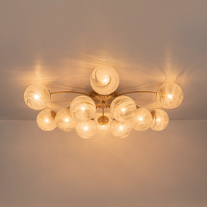 LightFixturesUSA-Bloom 12-Light Opal Swirl Glass Bubble Semi Flush Chandelier-Chandelier-Brass-