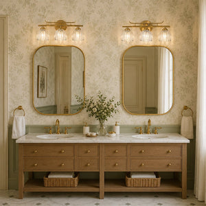 LightFixturesUSA - Bloom 3 - Light Pleated Clear Glass Flower Vanity Wall Sconce - Wall Sconce - Brass - 