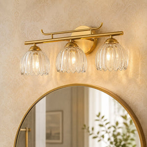 LightFixturesUSA - Bloom 3 - Light Pleated Clear Glass Flower Vanity Wall Sconce - Wall Sconce - Brass - 