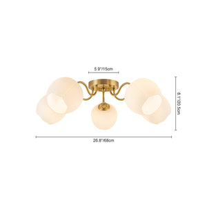LightFixturesUSA-Bloom 5-Light Frosted Glass Peony Bud Semi Flush Mount-Ceiling Light-Brass-