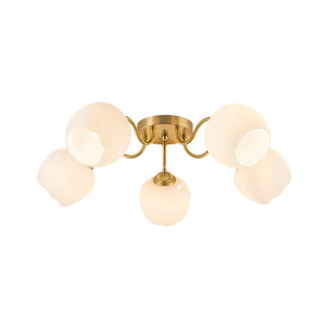 LightFixturesUSA-Bloom 5-Light Frosted Glass Peony Bud Semi Flush Mount-Ceiling Light-Brass-