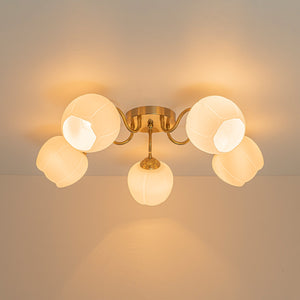 LightFixturesUSA-Bloom 5-Light Frosted Glass Peony Bud Semi Flush Mount-Ceiling Light-Brass-