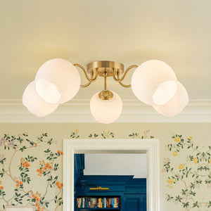 LightFixturesUSA-Bloom 5-Light Frosted Glass Peony Bud Semi Flush Mount-Ceiling Light-Brass-