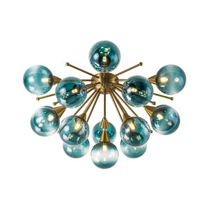 LightFixturesUSA - Bloom Blue Glass Bubble Round Sunburst Semi Flush Chandelier - Chandelier - Brass - 