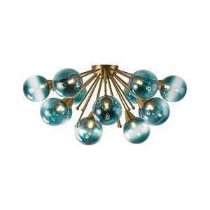 LightFixturesUSA - Bloom Blue Glass Bubble Round Sunburst Semi Flush Chandelier - Chandelier - Brass - 