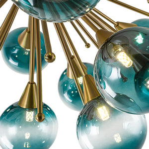 LightFixturesUSA - Bloom Blue Glass Bubble Round Sunburst Semi Flush Chandelier - Chandelier - Brass - 