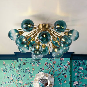 LightFixturesUSA - Bloom Blue Glass Bubble Round Sunburst Semi Flush Chandelier - Chandelier - Brass - 