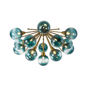 LightFixturesUSA - Bloom Blue Glass Bubble Round Sunburst Semi Flush Chandelier - Chandelier - Brass - 