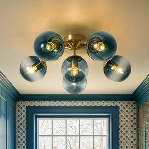 LightFixturesUSA - Bloom Brass Blue Glass Bubble Semi Flush Chandelier - Chandelier - 6 - Lt - 
