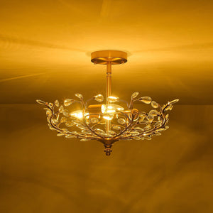 LightFixturesUSA-Bloom Crystal Bud Branch Cage Semi Flush Mount Light-Ceiling Light-Brass-