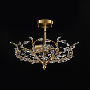 LightFixturesUSA-Bloom Crystal Bud Branch Cage Semi Flush Mount Light-Ceiling Light-Brass-