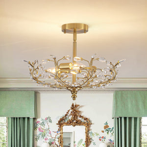 LightFixturesUSA-Bloom Crystal Bud Branch Cage Semi Flush Mount Light-Ceiling Light-Brass-