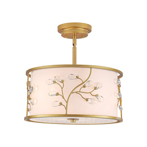 LightFixturesUSA-Bloom Crystal Buds White Fabric Drum Cage Semi Flush Mount-Ceiling Light-Brass-
